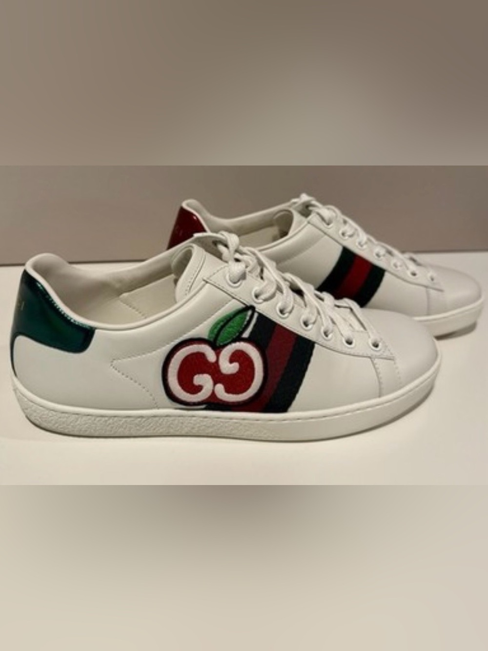 Gucci White Leather Sneakers with Red Apple GG Patch